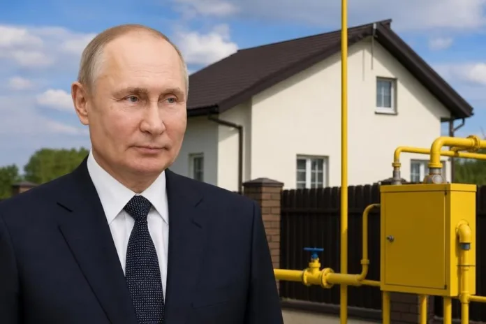 Владимир Путин стоит перед частным домом рядом с жёлтым газовым оборудованием.