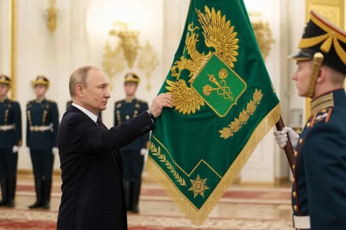 Владимир Путин касается зелёного знамени с золотой вышивкой в парадном зале; рядом стоит военный, на заднем плане выстроены гвардейцы.