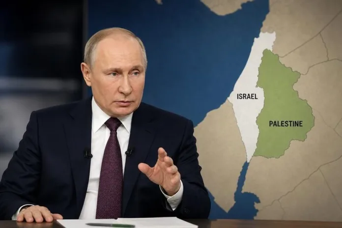 Владимир Путин сидит за столом и жестикулирует на фоне карты с обозначениями Израиля и Палестины.