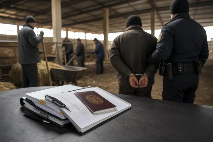 В помещении фермы полицейский сопровождает человека со скованными за спиной руками; на столе лежат папка с документами и паспорт.