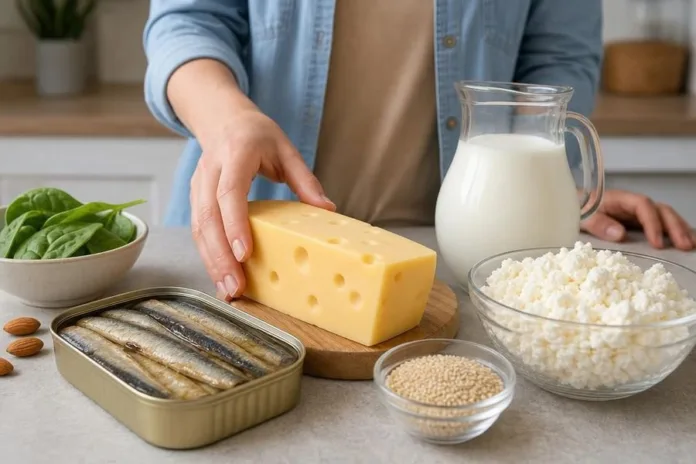 Человек на кухне держит кусок сыра рядом с молоком, творогом, шпинатом и консервированной рыбой.