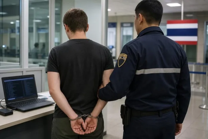 В помещении сотрудник полиции сопровождает мужчину со скованными за спиной руками; рядом на столе открыт ноутбук.