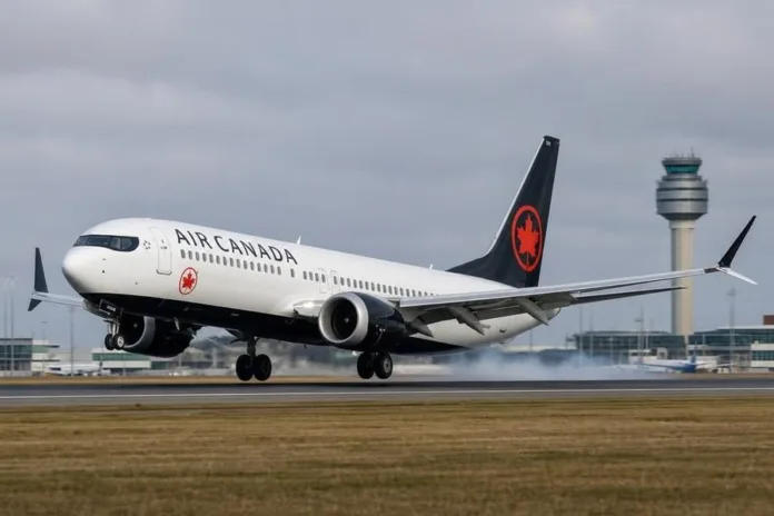 Пассажирский самолёт Air Canada касается взлётно-посадочной полосы на фоне диспетчерской вышки.