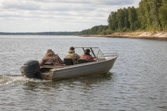 Трое людей в камуфляжной одежде плывут на моторной лодке по широкой реке вдоль лесистого берега.