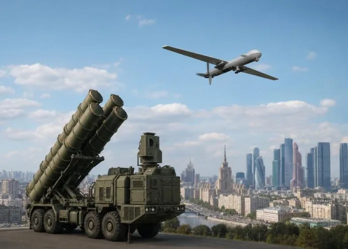 Военный ракетный комплекс стоит на переднем плане, а над городским пейзажем летит беспилотник.