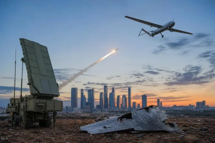 На переднем плане стоят военная машина с поднятой антенной панелью и обломки, в небе летит беспилотник и виден след ракеты; на заднем плане — городские высотки на закате.