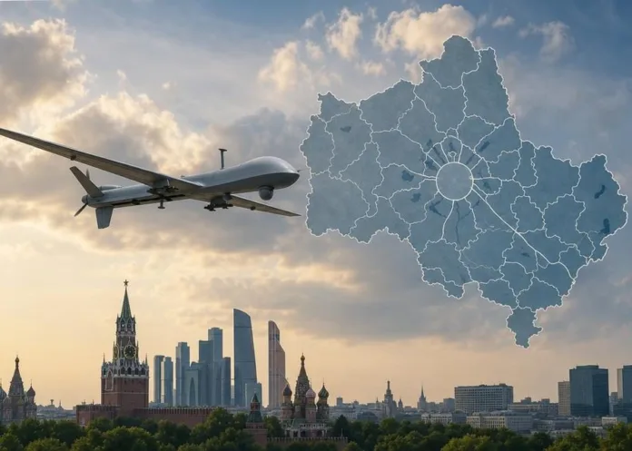 Беспилотник летит над панорамой Москвы; справа в небе изображена схематичная карта региона.