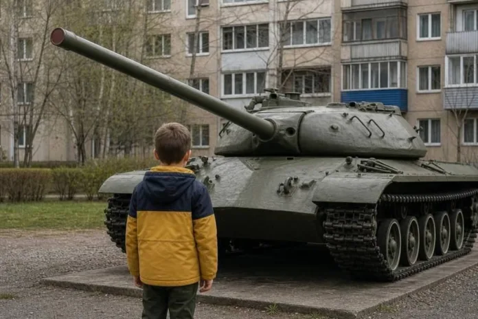 Ребёнок стоит спиной к камере рядом с танком на площадке во дворе многоэтажных домов.