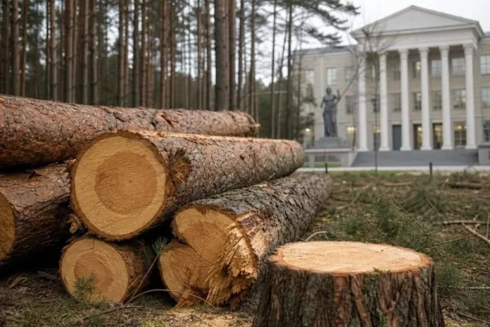 На переднем плане лежат спиленные стволы и пень, за ними видны лес и здание с колоннами.
