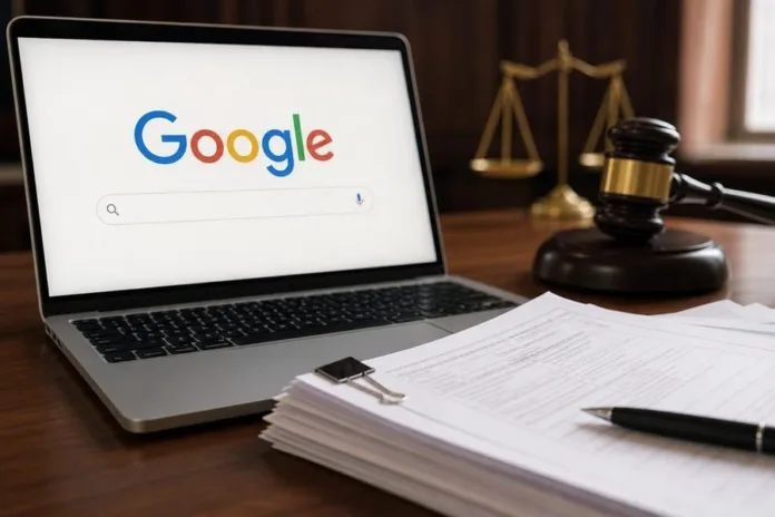 На столе открытый ноутбук со страницей поиска Google, рядом лежат документы, ручка и судейский молоток с весами на заднем плане.