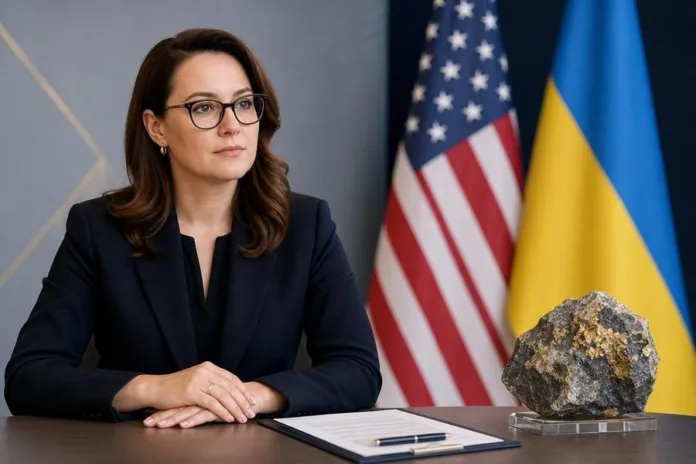 Женщина в очках сидит за столом с документом; позади видны флаги США и Украины, рядом на подставке лежит камень.
