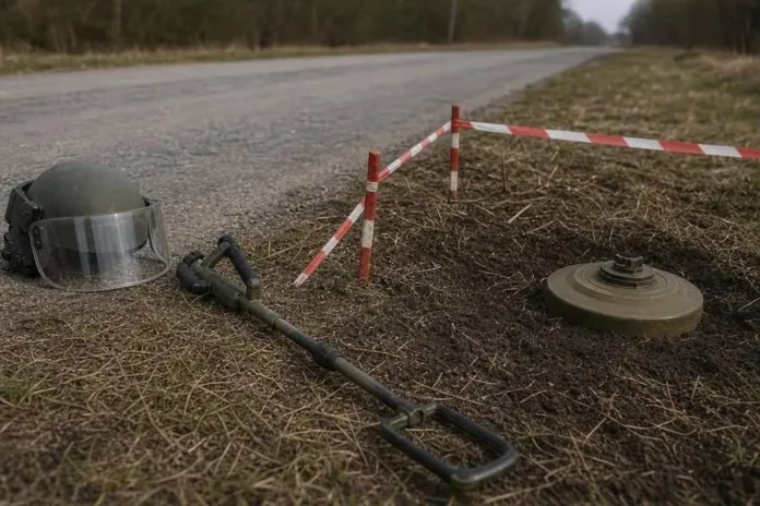 На обочине дороги за оградительной лентой лежат шлем, миноискатель и круглый металлический предмет.
