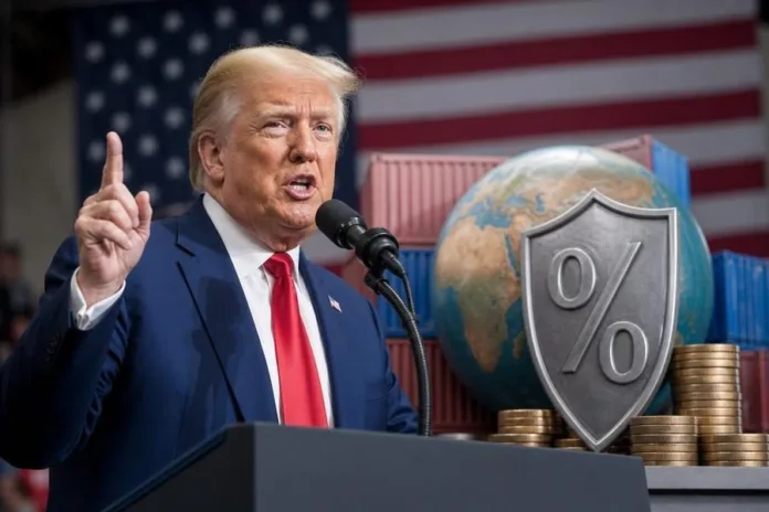 Дональд Трамп выступает у микрофона на фоне флага США; рядом изображены глобус, щит со знаком процента и стопки монет.