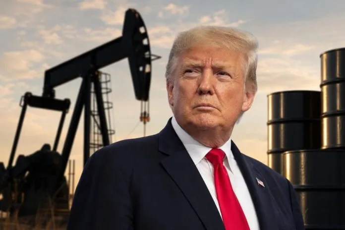 Дональд Трамп в костюме на фоне нефтяной качалки и рядов металлических бочек.
