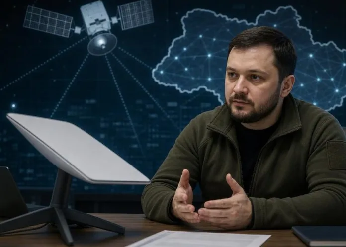 Мужчина сидит за столом с компьютером и жестикулирует на фоне схемы со спутником и картой.