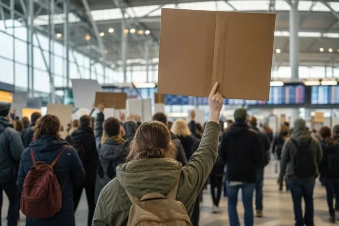 В аэропорту толпа людей, а на переднем плане человек с рюкзаком поднимает пустую картонную табличку.