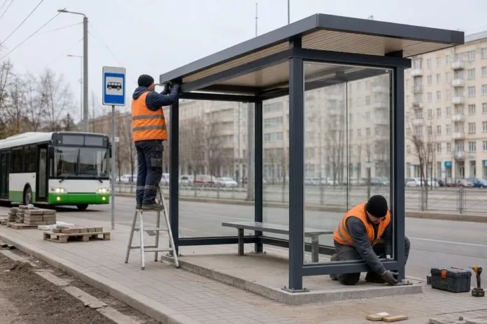 Двое рабочих устанавливают стеклянный павильон автобусной остановки; рядом стоит автобус.