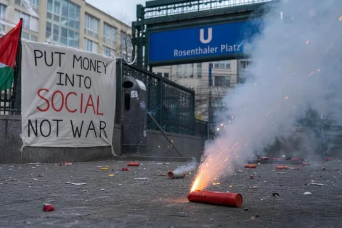 На мостовой у входа в метро лежит горящая пиротехническая шашка, от неё поднимается дым; рядом закреплён баннер с надписью на английском.