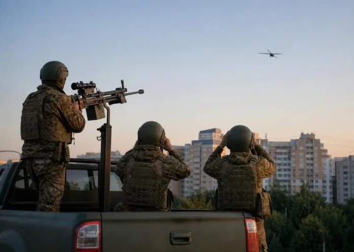 Трое военных в экипировке наблюдают за вертолётом с кузова пикапа на фоне городских домов.