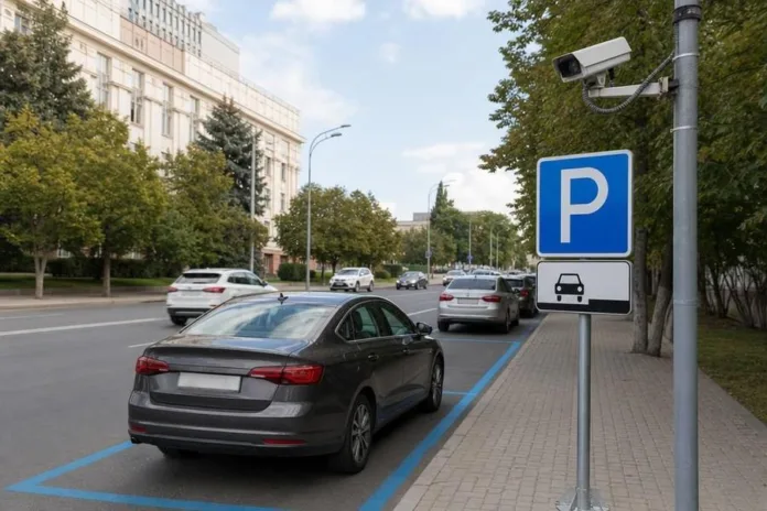 Автомобили припаркованы вдоль городской улицы рядом со знаком парковки и камерой наблюдения.