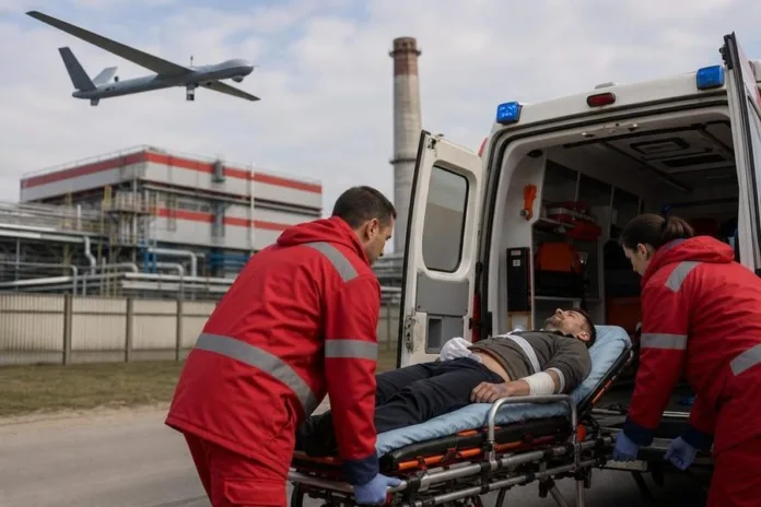 Двое медиков в красной форме загружают пациента на носилках в машину скорой помощи у промышленного здания; в небе виден беспилотник.