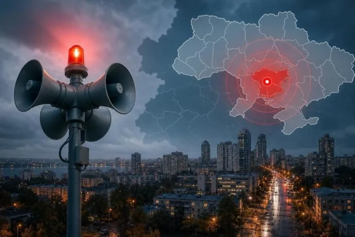 На фоне вечернего города показан столб с громкоговорителями и красной сигнальной лампой; над зданиями наложена карта с красной отметкой.