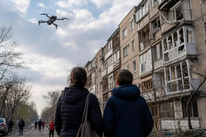 Люди смотрят на летящий дрон возле повреждённого многоквартирного здания на улице.
