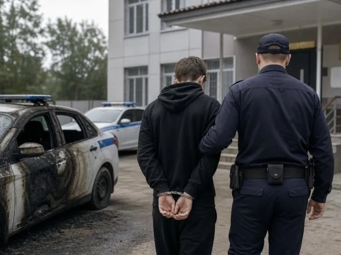 Полицейский ведёт человека в наручниках к зданию; рядом стоят автомобили с полицейской раскраской.