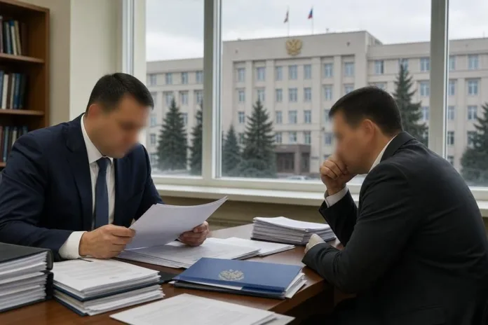Двое мужчин в деловой одежде изучают документы за столом в кабинете; за окном видно административное здание.