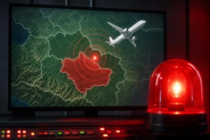 На экране показана карта с выделенной красным областью и концентрическими кругами; рядом изображён самолёт, на переднем плане горит красная сигнальная лампа.