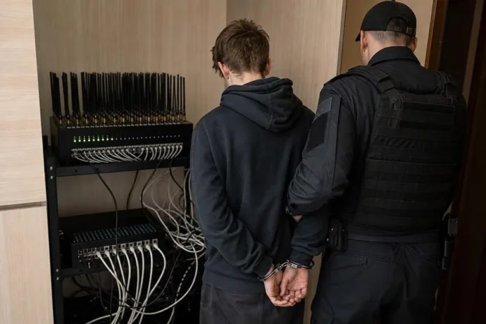 Мужчина в наручниках стоит рядом с сотрудником в защитном снаряжении возле стойки с электронным оборудованием.