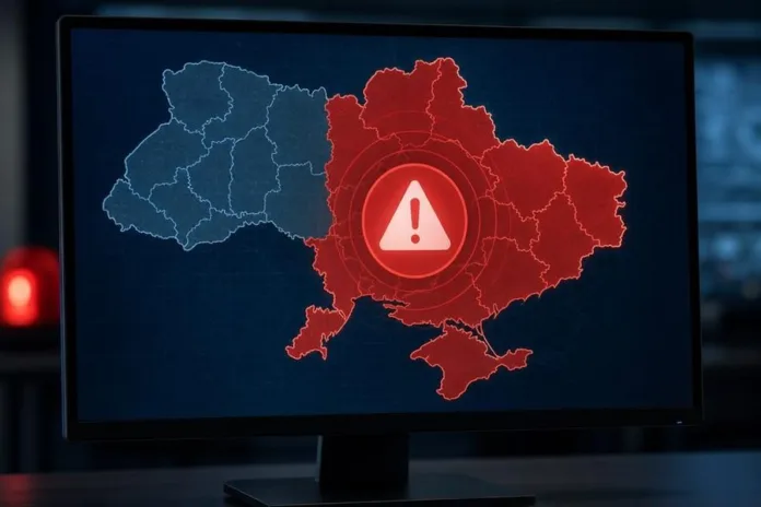На мониторе показана карта с выделенным красным регионом и значком предупреждения.