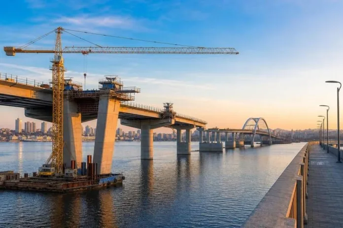 Строящийся мост с башенным краном пересекает реку; справа вдоль воды тянется набережная.