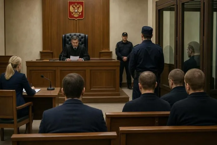 В зале суда судья читает документ, а охранники стоят рядом с подсудимыми в стеклянном ограждении.