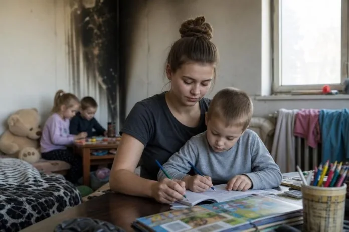 Женщина помогает мальчику рисовать за столом; на заднем плане двое детей играют в комнате.