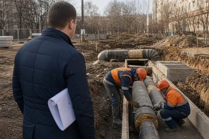 На строительной площадке двое рабочих в оранжевой спецодежде устанавливают трубы в траншее, а мужчина с документами наблюдает за работой.