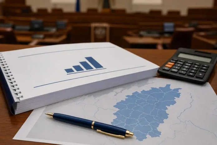 На столе лежат папка с графиком, карта с выделенными областями, калькулятор и ручка; на заднем плане виден зал заседаний.
