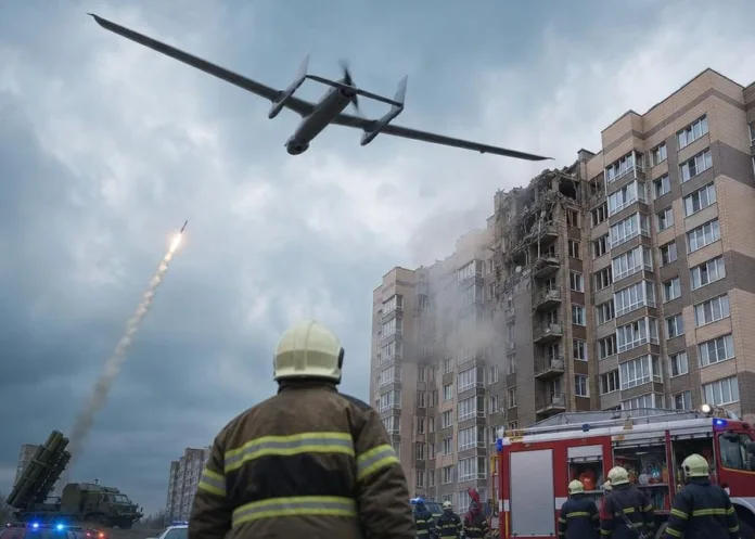 Пожарные и спецтехника находятся у повреждённого многоэтажного здания; в небе видны самолёт и след ракеты.