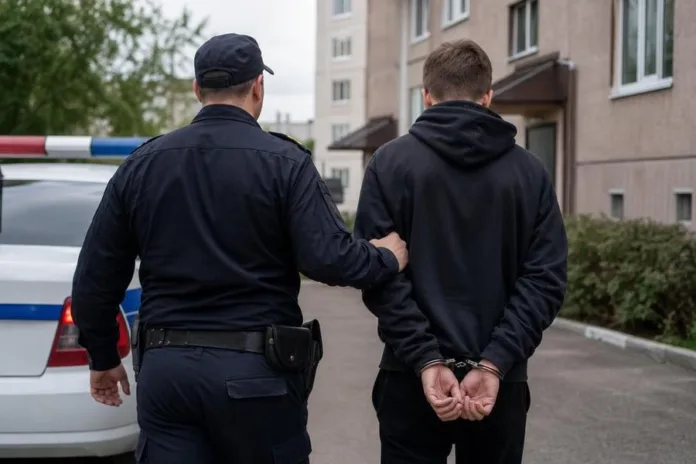 Полицейский сопровождает мужчину со скованными за спиной руками к служебному автомобилю у жилого здания.