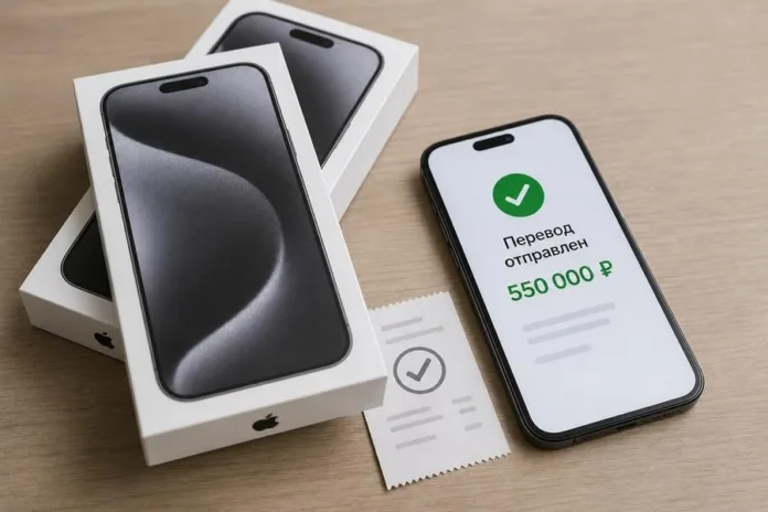 На деревянном столе лежат коробки от смартфонов, телефон с сообщением об отправленном переводе и бумажный чек.