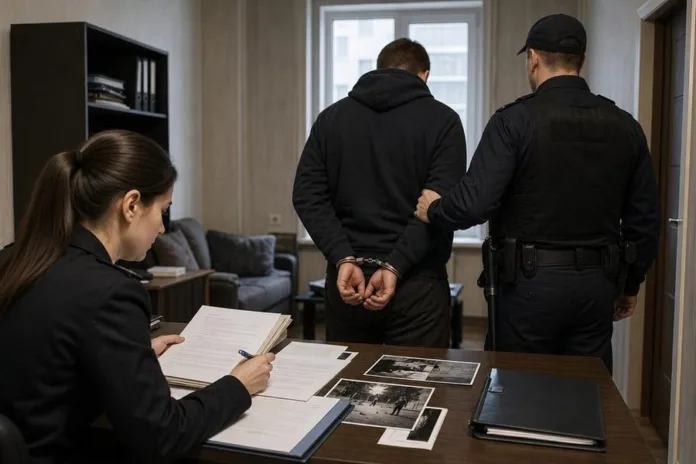 В кабинете сотрудница изучает документы, пока полицейский в наручниках сопровождает мужчину.