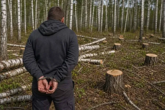 Мужчина со скованными за спиной руками стоит среди поваленных берёз и пней в лесу.