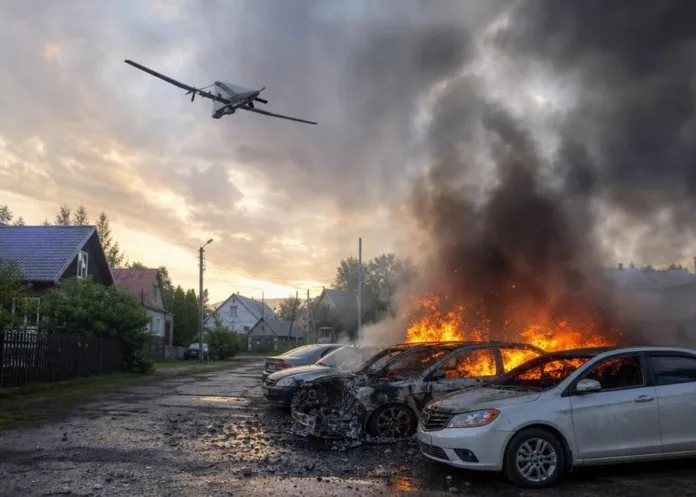 На улице горят несколько автомобилей, над ними поднимается густой дым, а в небе летит беспилотник.