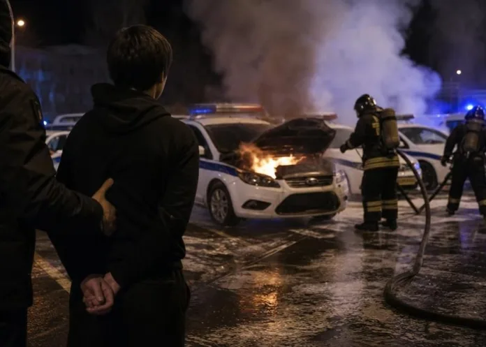 На ночной мокрой улице горит автомобиль с открытым капотом, пожарные тушат его, а полицейский удерживает человека со связанными за спиной руками.
