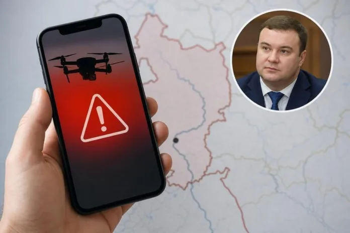На фоне карты рука держит телефон с изображением дрона и предупреждающим знаком; справа показан портрет мужчины.