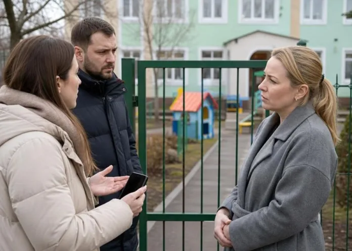 Трое взрослых разговаривают у закрытых ворот детской площадки.