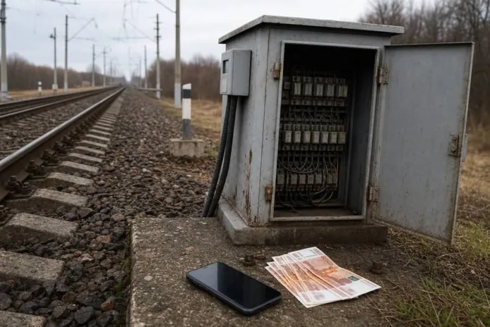 У железнодорожных путей стоит открытый электрический шкаф; на бетонном основании лежат смартфон и несколько банкнот.