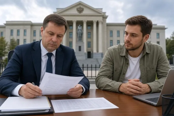 Двое мужчин сидят за столом перед зданием; один читает документ, другой смотрит на него.