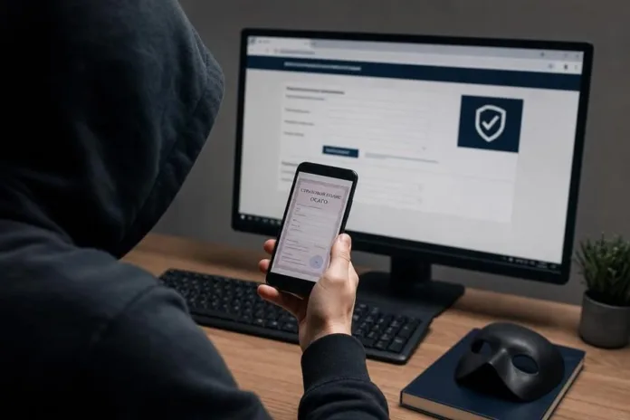 Человек в капюшоне держит смартфон перед монитором с открытой веб-страницей; на столе лежат клавиатура и маска.