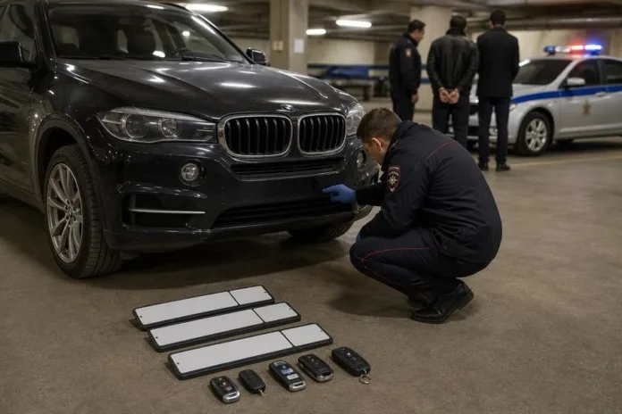 Сотрудник осматривает переднюю часть чёрного автомобиля на подземной стоянке; рядом лежат номерные пластины и ключи, на заднем плане стоит полицейская машина.